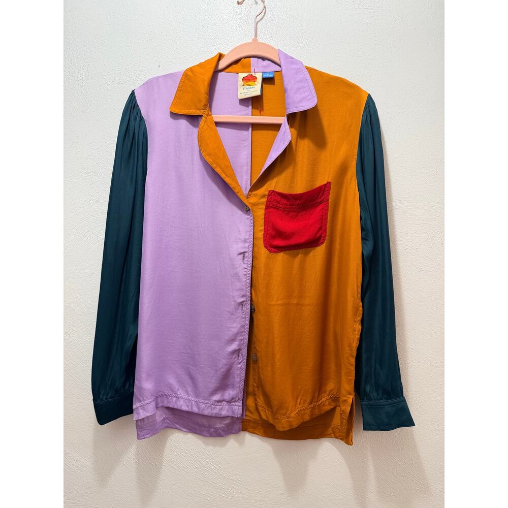 FARM Rio Anthropologie Colorblock Button Up Shirt Red Pocket XS - Picture 2 of 7